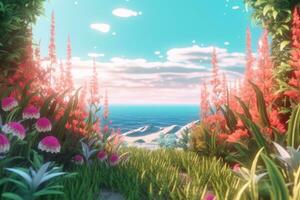 3D Render of a Summer Themed Background Landscape generative AI photo