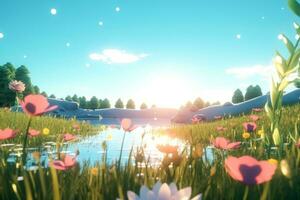 3D Render of a Summer Themed Background Landscape generative AI photo