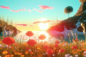 3D Render of a Summer Themed Background Landscape generative AI photo