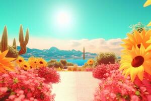 3D Render of a Summer Themed Background Landscape generative AI photo