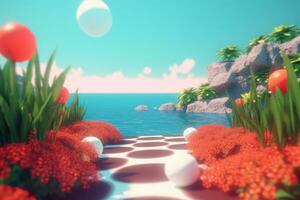 3D Render of a Summer Themed Background Landscape generative AI photo