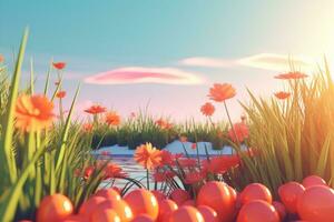 3D Render of a Summer Themed Background Landscape generative AI photo