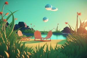 3D Render of a Summer Themed Background Landscape generative AI photo