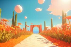 3D Render of a Summer Themed Background Landscape generative AI photo
