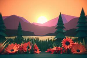 3D Render of a Twilight Summer Landscape Background generative AI photo