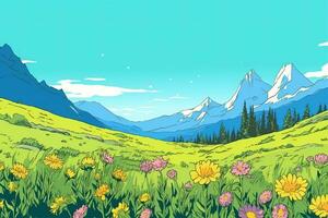 Colorized Drawing of a Countryside Flower Meadow generative AI photo