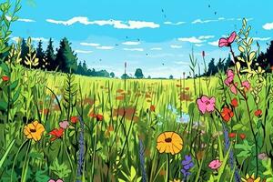 Colorized Drawing of a Countryside Flower Meadow generative AI photo