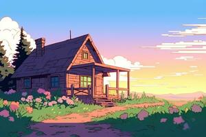 Colorized Drawing of a Summer Cottage generative AI photo