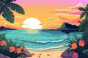 coloreado dibujo de un tropical verano playa generativo ai foto