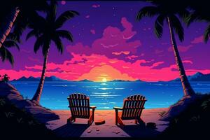 Colorized Drawing of a Tropical Twilight Beachscape generative AI photo
