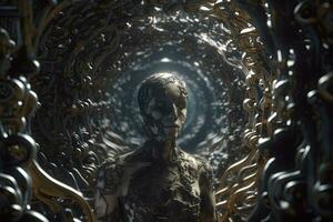 Cryptic Bizarre Dark Monster Skeleton Background with Otherworldly Design 3D Render generative AI photo