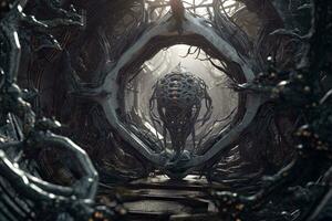 Cryptic Bizarre Dark Monster Skeleton Background with Otherworldly Design 3D Render generative AI photo