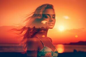 Double Exposure Summer Themed Portrait of a Woman generative AI photo