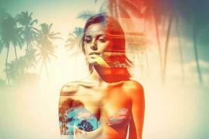 Double Exposure Summer Themed Portrait of a Woman generative AI photo