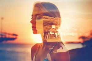 Double Exposure Summer Themed Portrait of a Woman generative AI photo