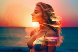 Double Exposure Summer Themed Portrait of a Woman generative AI photo