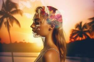 Double Exposure Summer Themed Portrait of a Woman generative AI photo