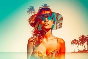 Double Exposure Summer Themed Portrait of a Woman generative AI photo
