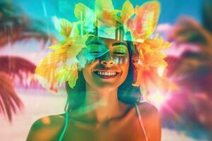 Double Exposure Summer Themed Portrait of a Woman generative AI photo