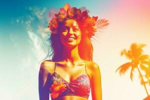 Double Exposure Summer Themed Portrait of a Woman generative AI photo