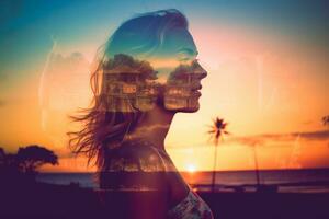 Double Exposure Summer Themed Portrait of a Woman generative AI photo