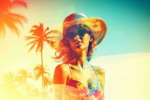 Double Exposure Summer Themed Portrait of a Woman generative AI photo