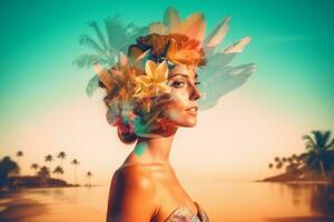 Double Exposure Summer Themed Portrait of a Woman generative AI photo