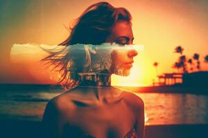 Double Exposure Summer Themed Portrait of a Woman generative AI photo