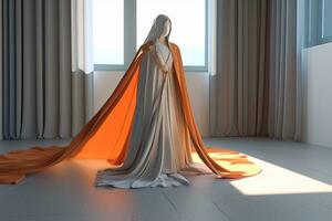 Faceless White Robed Figure in a Bright Room Background 3D Render Design generative AI photo