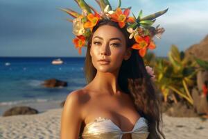 hiper realista 3d hacer de un atractivo hembra en un verano playa generativo ai foto