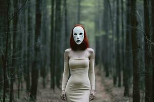 enmascarado misterioso mujer en un bosque generativo ai foto