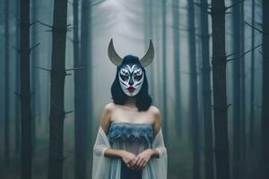 Masked Mysterious Woman in a Forest generative AI photo