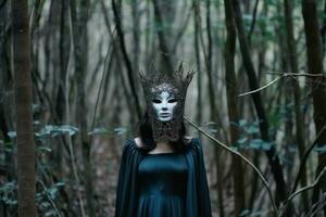 Masked Mysterious Woman in a Forest generative AI photo