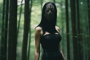 enmascarado misterioso mujer en un bosque generativo ai foto