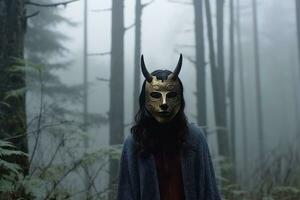 enmascarado misterioso mujer en un bosque generativo ai foto