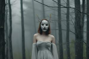 Masked Mysterious Woman in a Forest generative AI photo