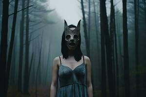 Masked Mysterious Woman in a Forest generative AI photo