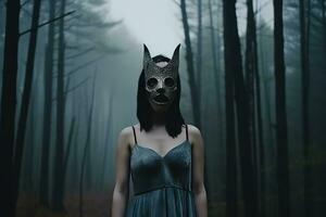 Masked Mysterious Woman in a Forest generative AI photo