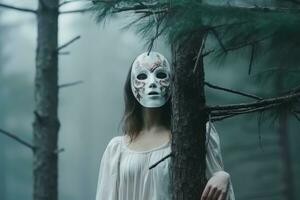 enmascarado misterioso mujer en un bosque generativo ai foto