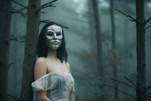 enmascarado misterioso mujer en un bosque generativo ai foto