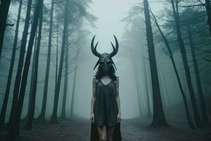 Masked Mysterious Woman in a Forest generative AI photo