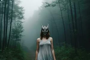 enmascarado misterioso mujer en un bosque generativo ai foto