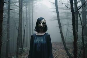 enmascarado misterioso mujer en un bosque generativo ai foto