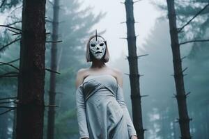 Masked Mysterious Woman in a Forest generative AI photo