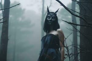 Masked Mysterious Woman in a Forest generative AI photo