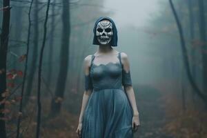 Masked Mysterious Woman in a Forest generative AI photo