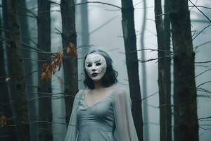 Masked Mysterious Woman in a Forest generative AI photo