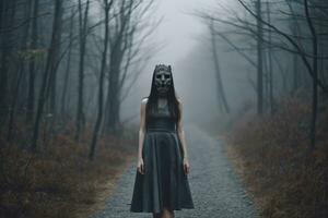 Masked Mysterious Woman in a Forest generative AI photo