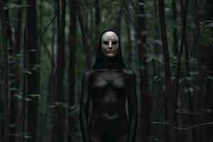 enmascarado misterioso mujer en un bosque generativo ai foto