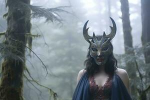 Masked Mysterious Woman in a Forest generative AI photo